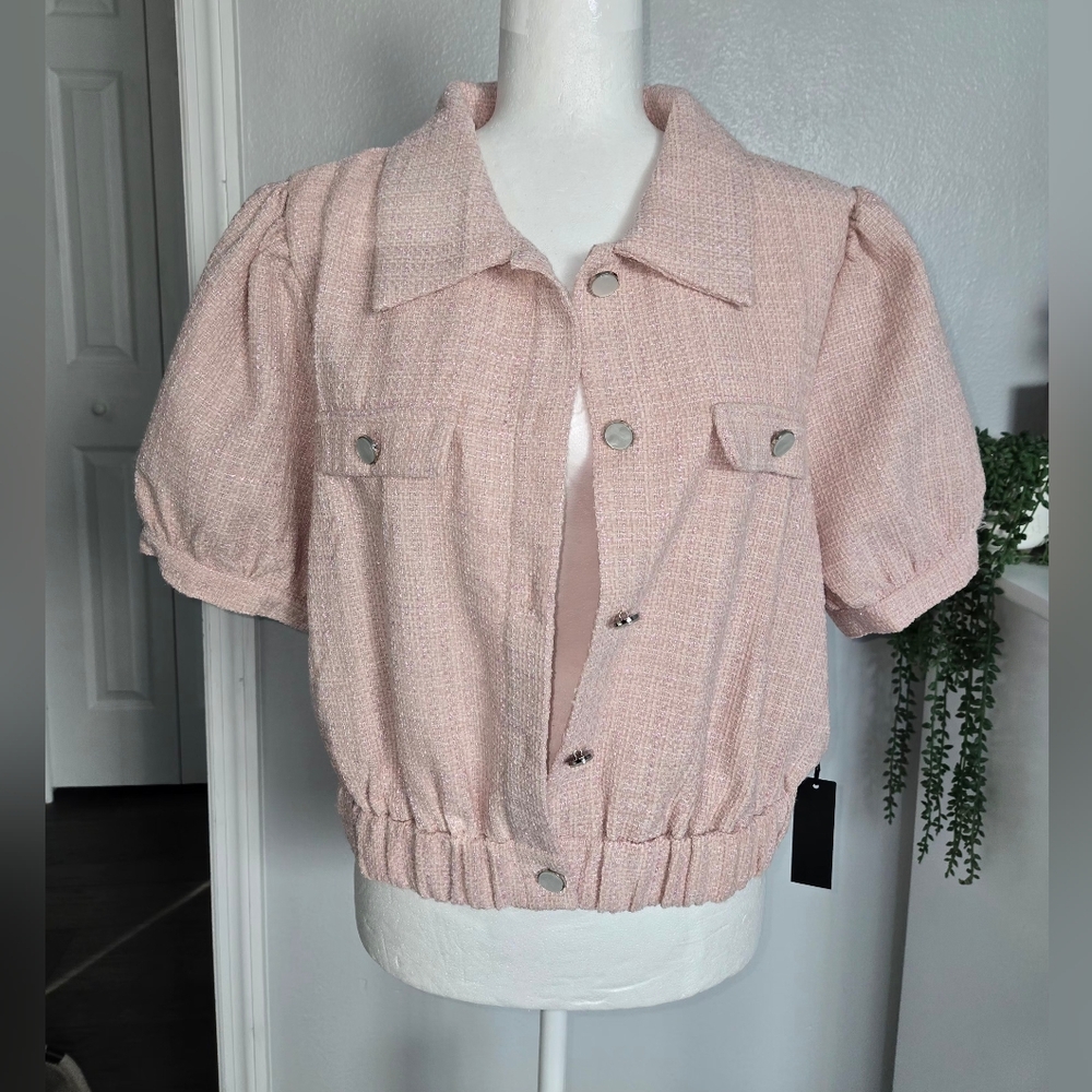 Alice Blue Pink Cropped Tweed Jacket - Short Puff Sleeve - Size XL